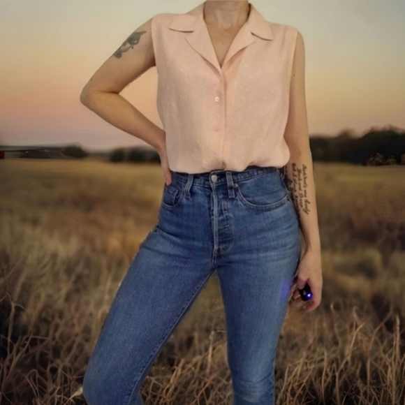 Vintage Tops - Vtg 90s 100% Silk Notched Collar Blouse